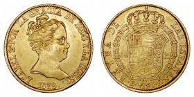 Isabel II
80 Reales. AV. Barcelona PS. 1839. 6.75g. Cal.55. Golpecito en canto. MBC.