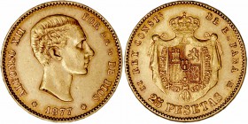 Alfonso XII
25 Pesetas. AV. 1877 *18-77 DEM. 8.06g. Cal.3. MBC-.