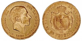 Alfonso XII
25 Pesetas. AV. 1885 *18-85 MSM. 8.09g. Cal.20. Marquitas en el canto y rayitas. Rara. MBC+.