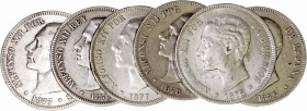 Alfonso XII
5 Pesetas. AR. Lote de 6 monedas. 1875, 1876, 1877 (2) y 1878 (2). Estrellas no visibles. MBC- a BC.