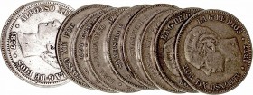 Alfonso XII
5 Pesetas. AR. 1877 DEM. Lote de 19 monedas. Cal.28. Estrellas no visibles. MBC- a BC-.