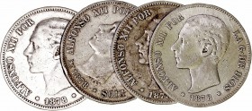 Alfonso XII
5 Pesetas. AR. 1878 DEM. Lote de 4 monedas. Cal.29. Estrellas no visibles. BC.