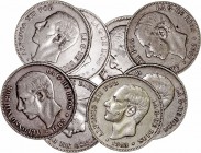 Alfonso XII
5 Pesetas. AR. Lote de 8 monedas. 1882 (2), 1883, 1884, 1885 MSM (3) y 1885 MPM. Algunas estrellas visibles. MBC- a BC+.