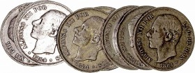 Alfonso XII
5 Pesetas. AR. 1884 *18-84 MSM. Lote de 13 monedas. Cal.39. Estrellas visibles. MBC- a BC.