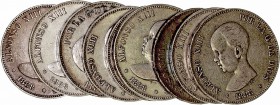 Alfonso XIII
5 Pesetas. AR. 1888 *18-88 MPM. Lote de 9 monedas. Cal.13. Estrellas visibles aunque alguna difusa. MBC- a BC.
