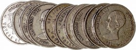 Alfonso XIII
5 Pesetas. AR. 1889 MPM. Lote de 12 monedas. Cal.14. Algunas estrellas visibles. BC+ a BC-.