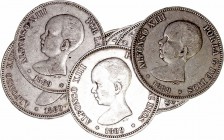 Alfonso XIII
5 Pesetas. AR. 1889 *18-89 MPM. Lote de 10 monedas. Cal.14. Estrellas visibles. MBC- a BC.