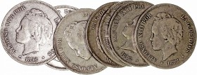 Alfonso XIII
5 Pesetas. AR. 1892 PGM. Lote de 8 monedas. Bucles. Cal.19. Estrellas no visibles. BC-.