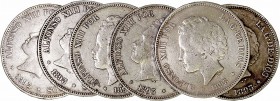 Alfonso XIII
5 Pesetas. AR. 1893 PGL. Lote de 6 monedas. Cal.21. Estrellas no visibles. MBC- a BC.