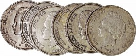 Alfonso XIII
5 Pesetas. AR. 1894 PGV. Lote de 6 monedas. Cal.23. Estrellas no visibles. MBC- a BC.