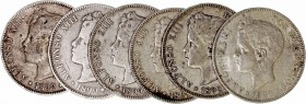 Alfonso XIII
5 Pesetas. AR. 1899 *18-99 SGV. Lote de 6 monedas. Una de ellas falsa de época (no coincidente PGV). Estrellas no visibles. Algo sucias....