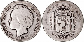 Alfonso XIII
2 Pesetas. AR. 1894 PGV. 9.66g. Cal.33. Muy escasa. BC-.