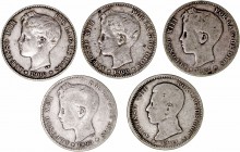 Alfonso XIII
Peseta. AR. Lote de 5 monedas. 1899, 1900 (2), 1901 y 1904. MBC- a RC.