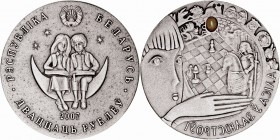 Bielorrusia 
20 Rublos. AR. 2007. Cuentos de Hadas. Con inserción de cristal. 28.48g. Encapsulado y con pátina imitando antiguo. SC.