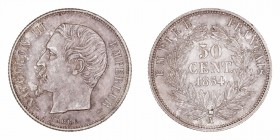 Francia Napoleón III
50 Céntimos. AR. 1854 A. 2.52g. KM.794,1. Bonita pátina oscura, bella pieza. Muy escasa así. SC-.