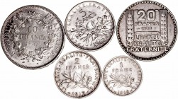 Francia 
AR. Lote de 5 monedas. Franco 1918, 2 Francos 1917, 5 Francos 1962, 10 Francos 1965 y 20 Francos 1933. EBC+ a MBC.