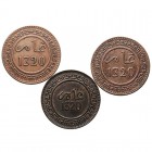 Marruecos 
10 Mazunas. AE. Lote de 3 monedas. 1320 H. (Y.17,2 y 17,3).. MBC.