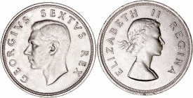 Sudáfrica 
5 Shillings. AR. Lote de 2 monedas. 1952 y 1953. MBC+ a MBC.