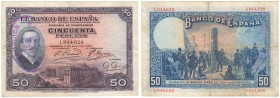 Banco de España
50 Pesetas. 17 mayo 1927. Sin serie. Con tampón azul REPÚBLICA ESPAÑOLA. ED.332. Algo sucio en reverso. Escaso. MBC+/MBC.