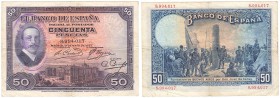 Banco de España
50 Pesetas. 17 mayo 1927. Sin serie. Sello en caucho azul REPÚBLICA ESPAÑOLA sobre el busto. ED.332. Escaso. MBC-.