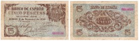 Estado Español, Banco de España
5 Pesetas. Burgos, 21 noviembre 1936. Sin serie. ED.417. Numeración reparada (puesta con posterioridad) y ligeras rot...