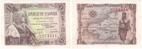 Estado Español, Banco de España
1 Peseta. 15 junio 1945. Sin serie. ED.448. Doblez central. Muy escaso. EBC+.