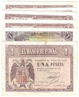 Estado Español, Banco de España
1 Peseta. Lote de 7 billetes. Abril 1938, 1943, 1953 (5). EBC+ a MBC-.