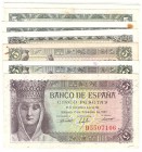 Estado Español, Banco de España
5 Pesetas. Lote de 9 billetes. 1943, 1945 (2), 1951, 1954 (5). EBC+ a MBC+.
