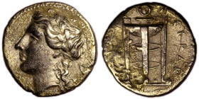 Sicily – Agathocles – 50 Litrae – Syracuse 
 Pale gold. Important worn. 
 Reference: SNG ANS 631 
 3,48 g 
 14,5 mm 
 Quality: VF+ 
 Metal: Elec...