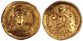 Theodosius II – Gold Solidus – Constantinople 
 Coin with pleasant appearance. Regular worn. 
 Reference: RIC.257 
 4,16 g 
 19,5 mm 
 Quality: V...