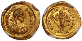 Theodosius II – Gold Tremissis – Constantinople – NGC MS strike 5-5 – surface 4-5
Coin with all original luster and all visible details. Splendid exa...