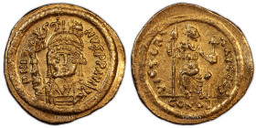 Justin II – Gold Solidus – Constantinople 
 Coin with a obverse die break. Some of its original luster. Little graffiti on reverse. Superb example. ...