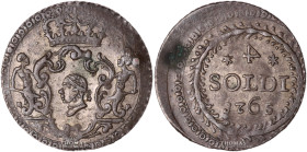 Corsica – 4 soldi Pascal paoli – 1765 Murato – inverse 4 
 Very nice coin. Coin with silvering bright original luster. Concretion spot on reverse. Co...