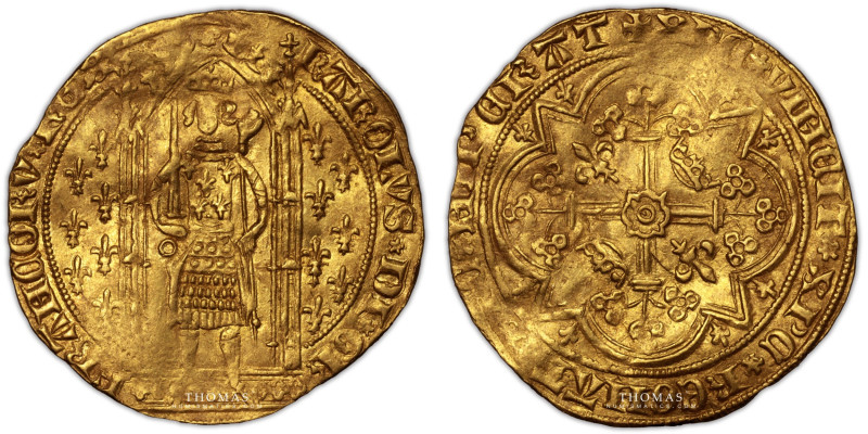 France - Charles V – Gold Franc a pied 
 Short flan. Important weakness. Bent f...