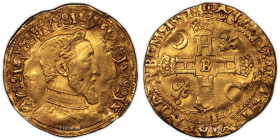France – Henri II – Gold Double Henri d’or – 1551 B Rouen 
 Coin with nice portrait. Flan defect. 
 Restrike legend from the contemporary time. 
 7...