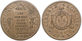 France – Convention – Essai prototype – 1 Sol aux balances – type françoise – 1793 A 
 Very nice coin. Very scarce in this grade. Nice strike. Superb...