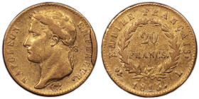 France – Napoleon I gold – 20 francs or – 1815 L Bayonne – hundred days – mint error obverse die breaks 
 Coin with rest of bright original luster. N...