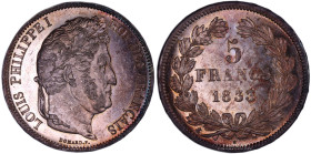 France – Louis Philippe I – 5 Francs – 1833 A Paris 
 Very nice coin with bright original luster. Beautiful golden blue iridescent toning. Cameo effe...