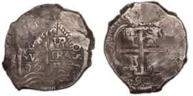 Bolivia – Carlos II – Cob 8 reales 1690 – Potosi 
 Well centered coin. Visible date. 
 27,3 g 
 40 mm 
 Quality: VF 
 Metal: Silver