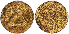England – Edward IV – Gold Rose noble 
 Ex jewelry coin. Regular and important worn. 
 3,8 g 
 25 mm 
 Quality: VF 
 Metal: Gold