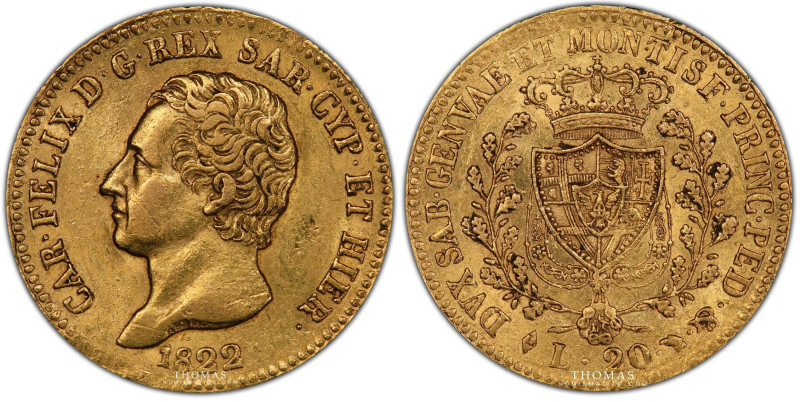 Savoy Sardinia – Charles-Felix – Gold 20 lire – 1822 L Turin – PCGS AU 58 – 7460...