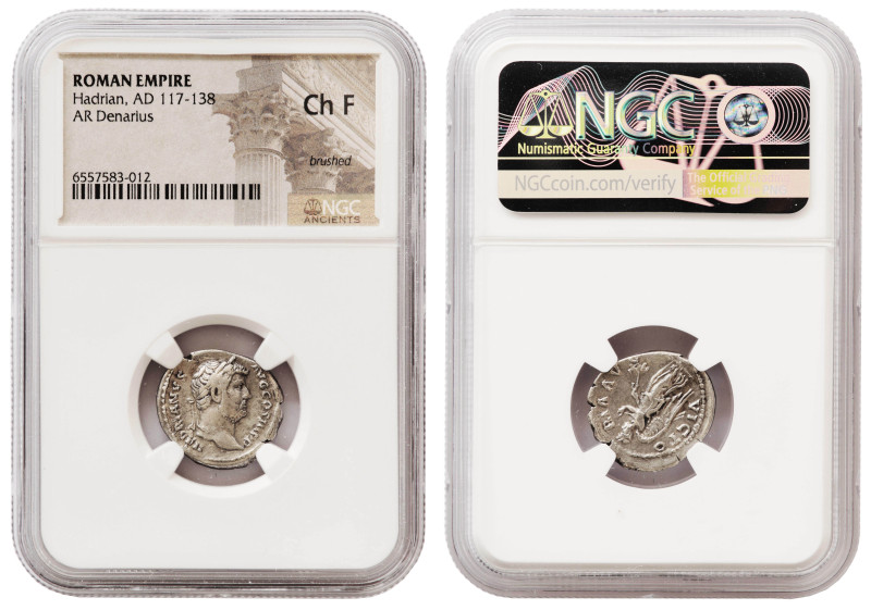 Roman Empire, Hadrian, AD 117-138, AR Denarius, NGC, Choice Fine, Victory on Bar...