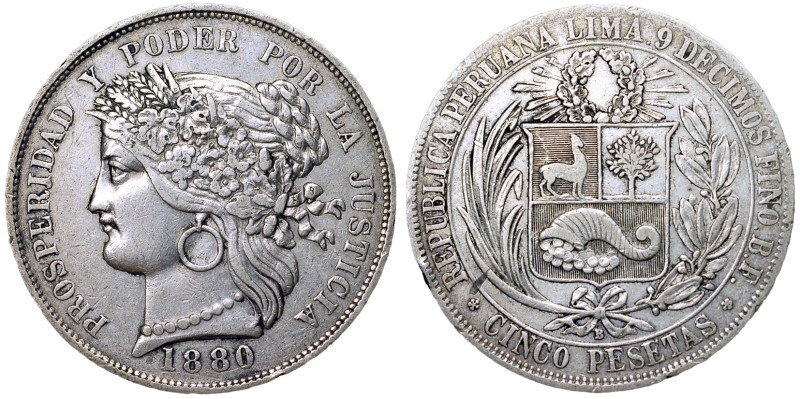 Peru 5 Pesetas 1880 

KM-201.1, N#18647, Silver (.900), Peruvian Woman; B belo...