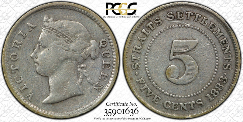 Straits Settlements 5 cents 1883, Victoria, PCGS VF30. Rare date

KM-10. Very ...