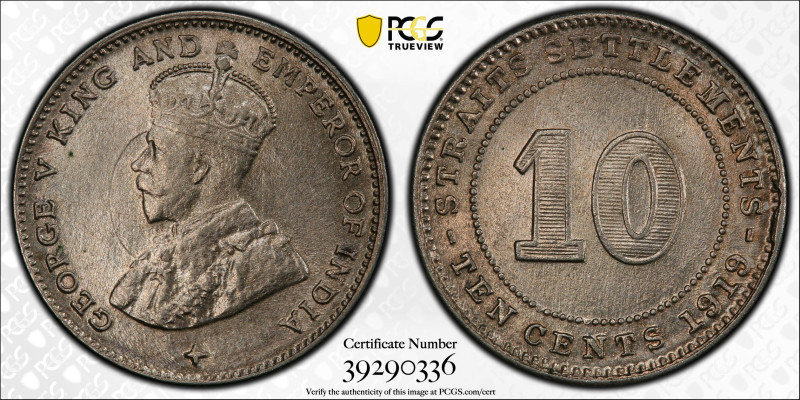 Straits Settlements 10 cents 1919, George V, PCGS MS64, Choice BU

KM-29a. Top...