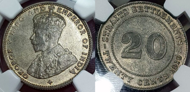 Straits Settlements 20 cents 1919, George V, NGC AU55

KM-30a. 1 year sub-type...