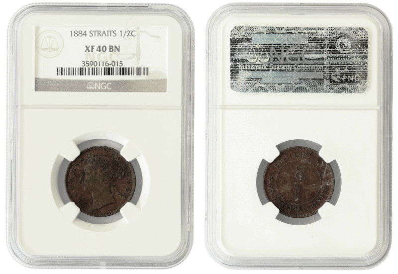 Straits Settlements 1/2 cent 1884, Victoria, NGC XF40

KM-8a. Nice XF bronze p...