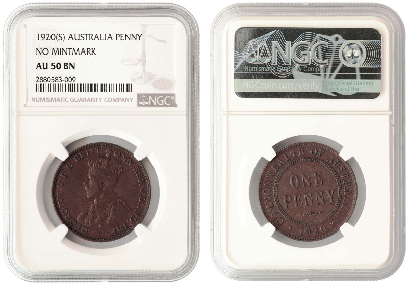 Australia, George V, 1 penny 1920. NGC AU50

KM-23. Rare variety without dots,...