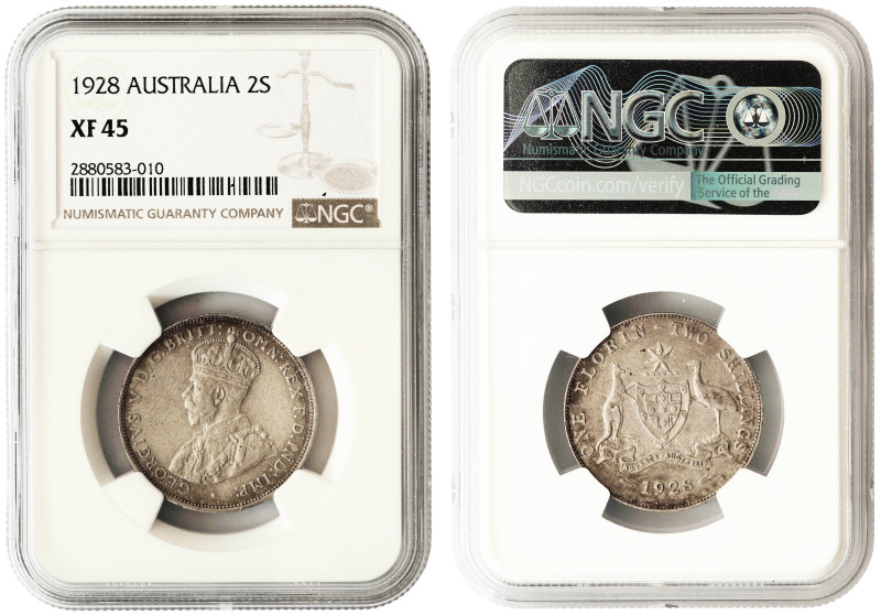 Australia, George V, silver 2 shillings (florin) 1928. NGC XF45

KM-27. Scarce...