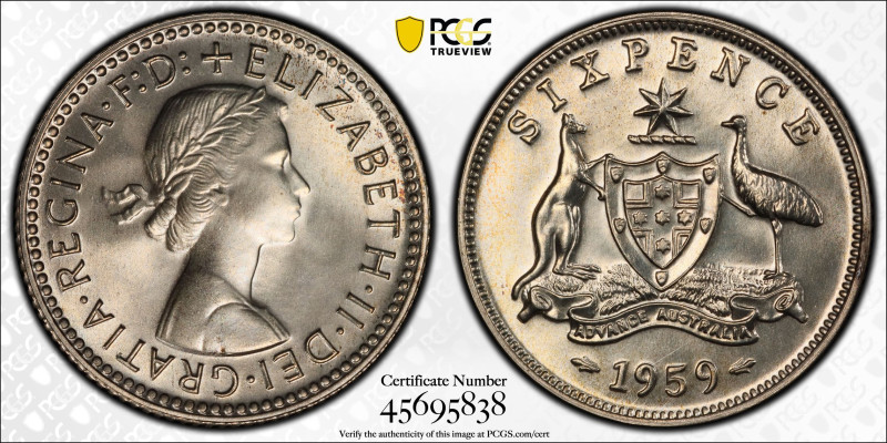 Australia, Elizabeth II, silver 6 pence 1959. Proof. PCGS, PF66.

KM-58. Choic...